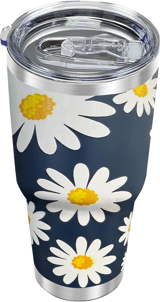 WETOWETO 30oz Tumbler, Stainless Steel Vacuum Insulated Water Coffee Tumbler Cup, Double Wall Powder Coated Spill-Proof Travel Mug Thermal Cup for Home Outdoor (Daisy Flower, 1 Pack)