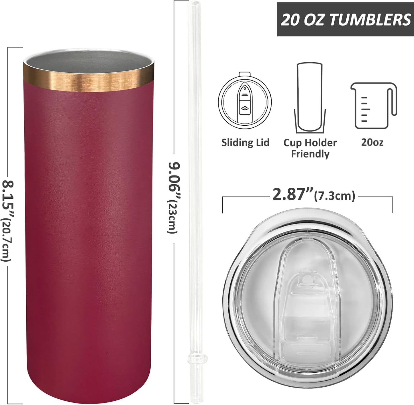 20 oz Skinny Tumblers Bulk 4 Pack, Stainless Steel Insulated Tumbler with Lids and Straws, Slim Double Wall Powder Coated Travel Coffee Mugs Reusable Cup for Hot Cold Drinks (Red,4 pack)