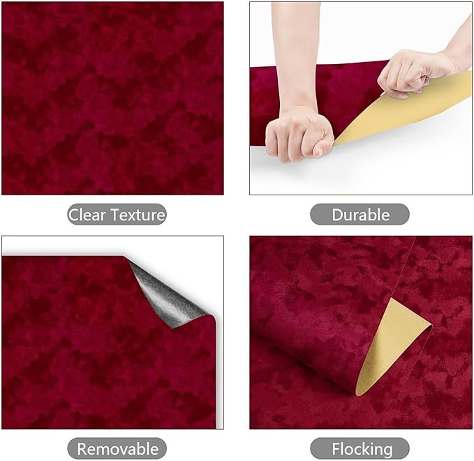 YENHOME 17.7"X393" Dark Red Wallpaper Stick and Peel, Vintage Velvet Wallpaper - Image 6