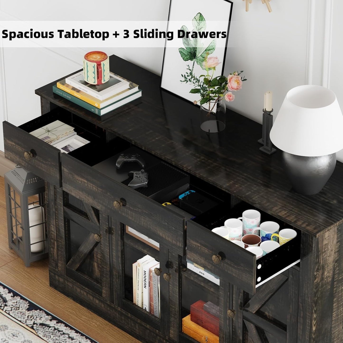 4 EVER WINNER 55" Coffee Bar with 4 Glass Doors and 3 Drawers, Sideboard Buffet Cabinet with Storage, Farmhouse Coffee Bar Cabinet with Adjustable Shelves for Kitchen, Dining Room, Rustic Oak