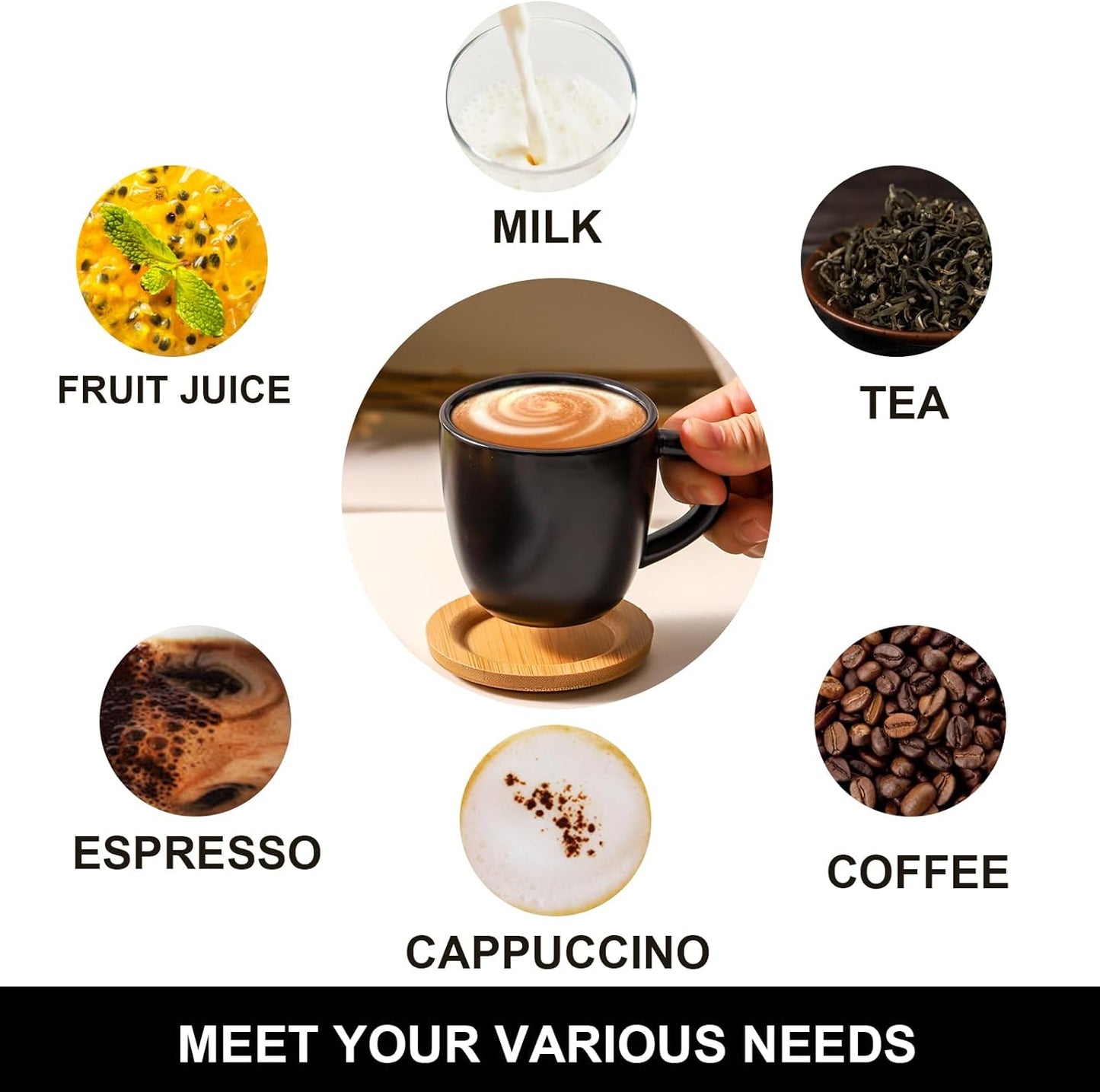 Hasense Porcelain Cappuccino Cups and Saucers Set of 6-6 Ounce Demitasse Espresso Mugs with Handle Perfect for Latte, Cafe Mocha, Double Shot and Tea, Black