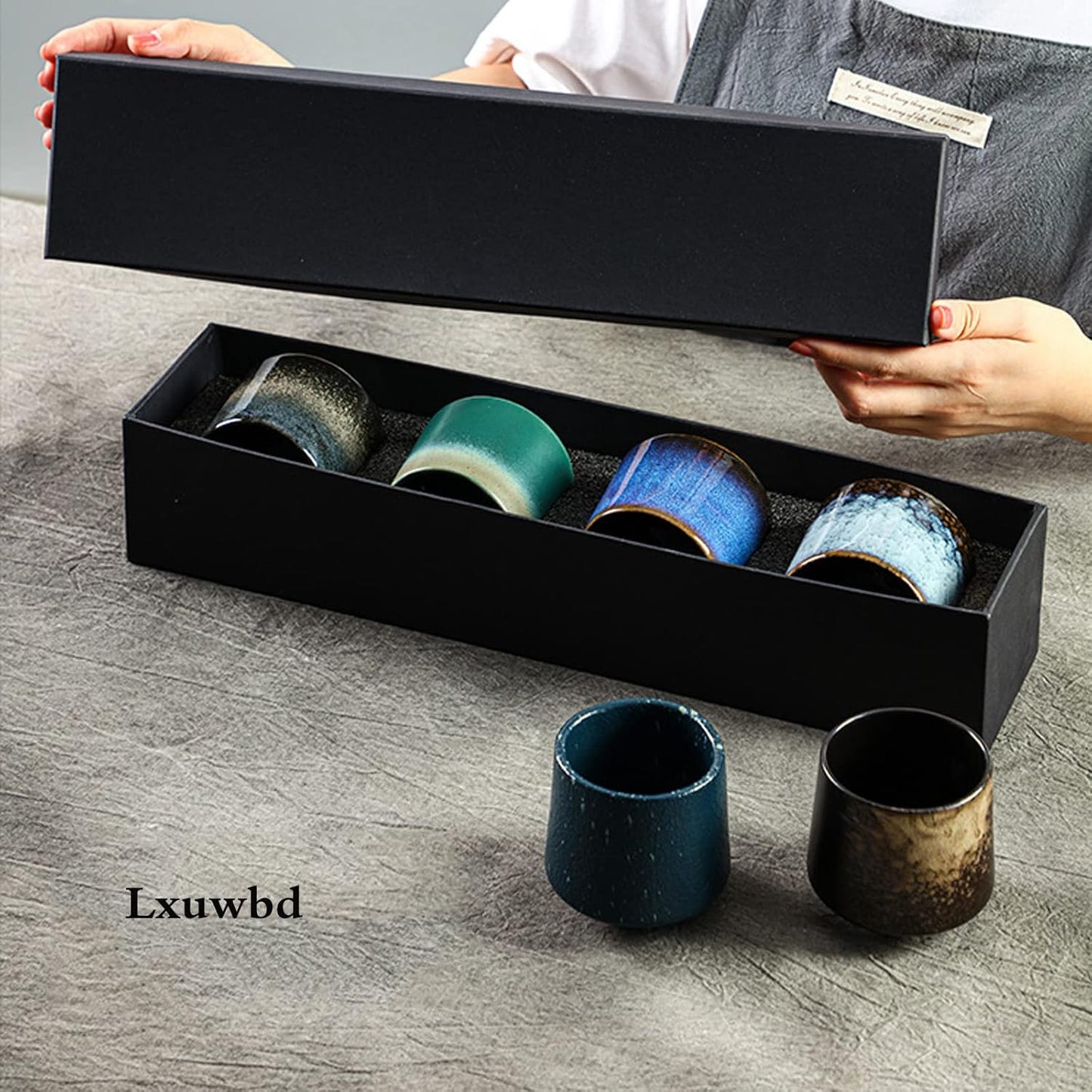 Ceramic Tea Cup, 4 Count (Pack of 1), 7.43 oz Capacity, Modern Design, Blue, Black, Grey, Christmas, Birthday, Thanksgiving, Reusable, Heavy Duty, Glazed, Teacups, Teacup