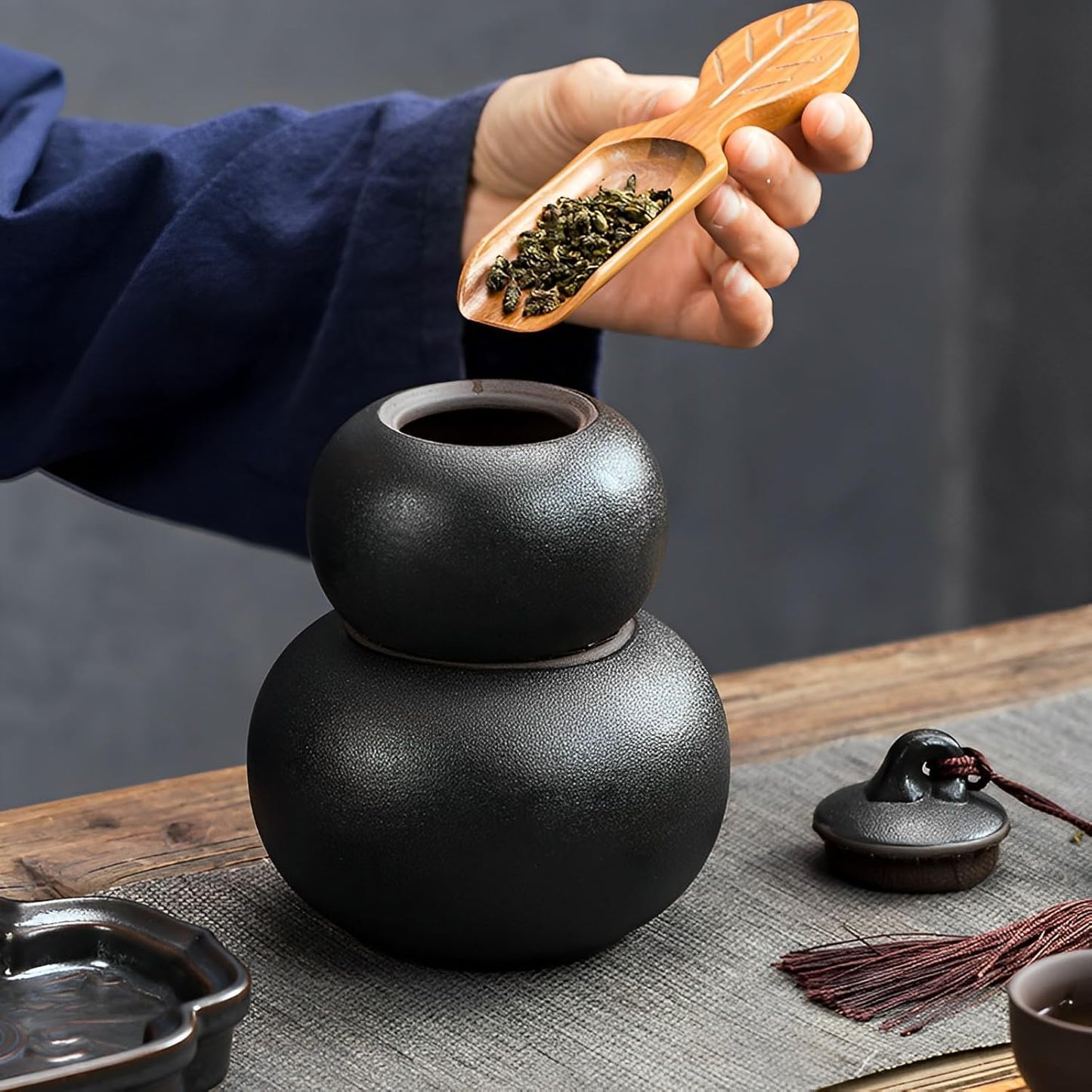 Ceramic Airtight Canister,22 Oz /660ml,Gourd Shap 2 Layers Tea Candy,Food Storage Jar for Coffee,Beans,Herb,Spices,Nuts -Stone Black