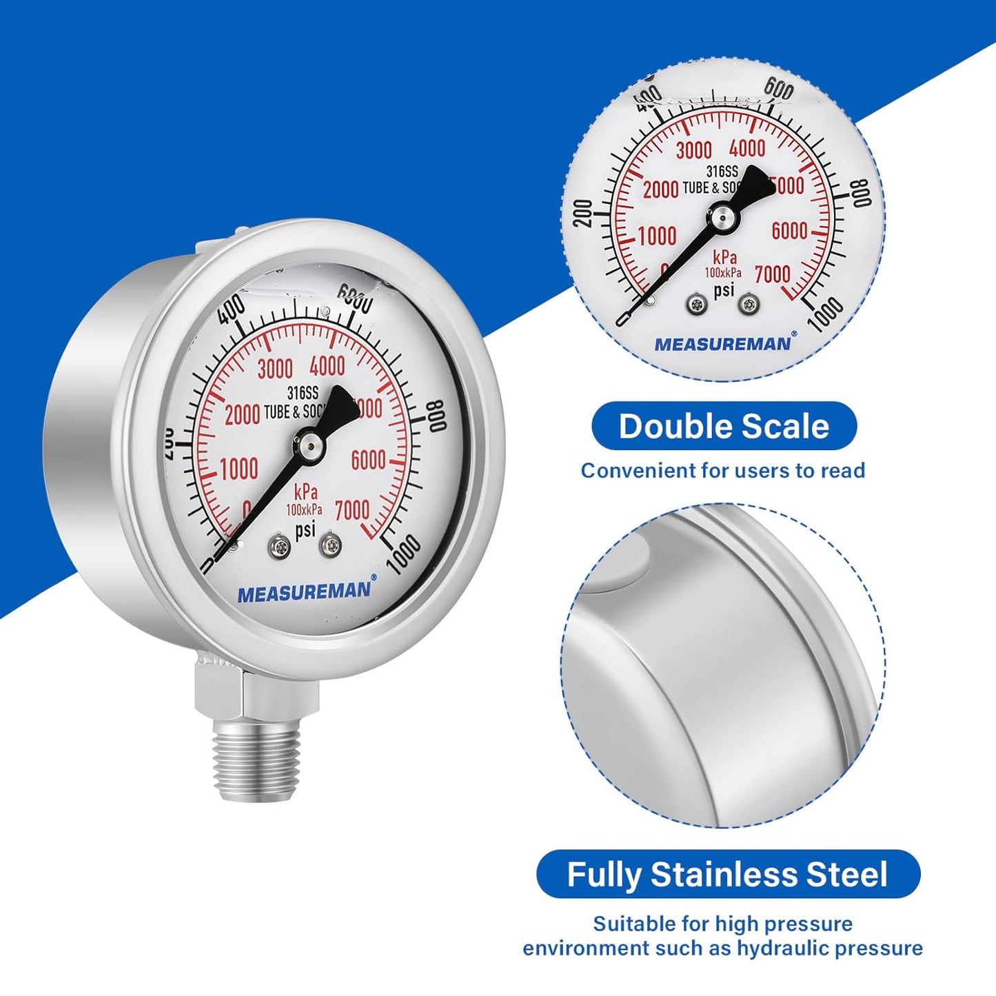 MEASUREMAN Pressure Gauge, 0-1000 PSI/kPa, Glycerin Filled, 1/4 NPT Lower Mount