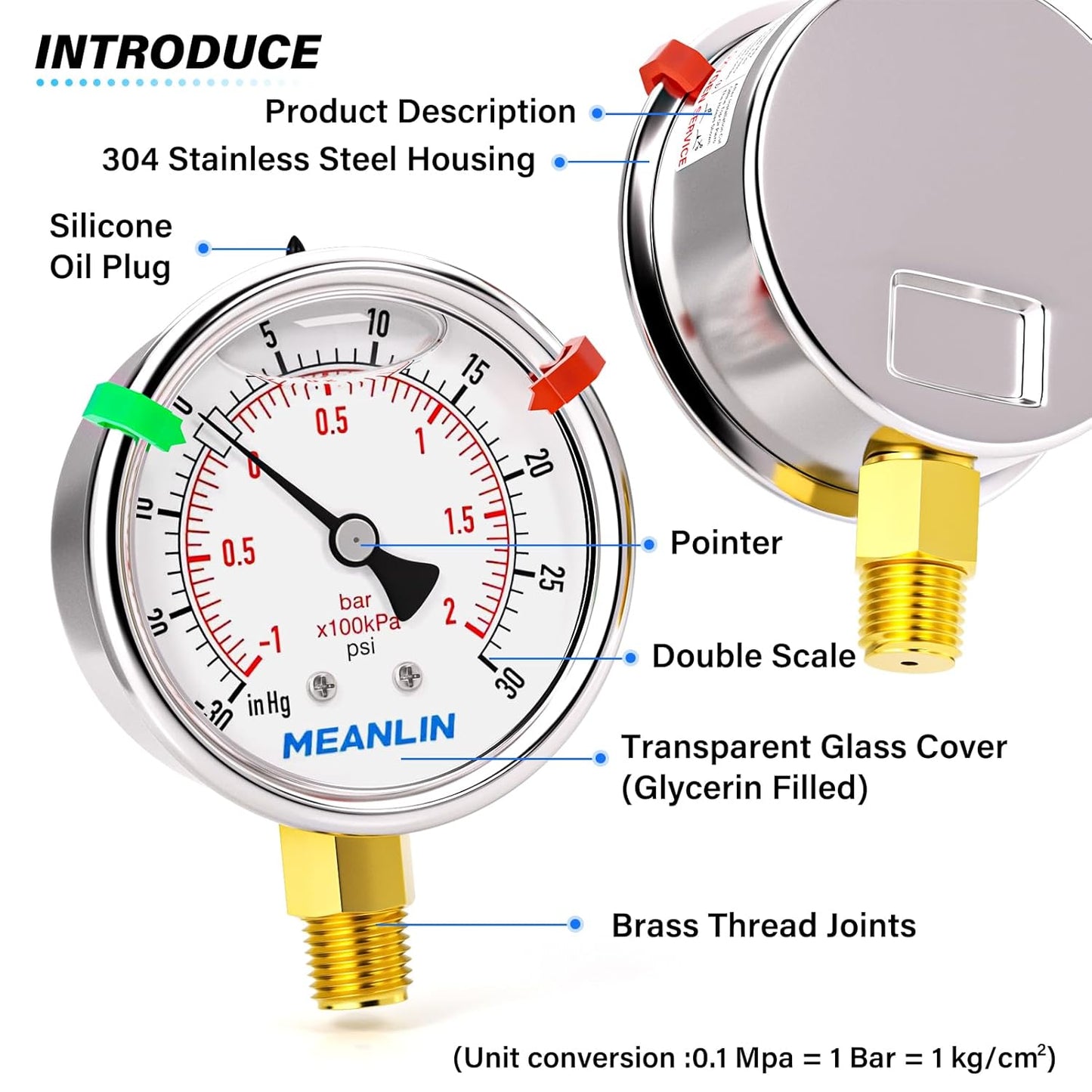 MEANLIN MEASURE -30inHG~30Psi Vacuum Pressure Gauge 1/8" NPT 2.5" FACE DIAL, Stainless Steel Liquid Filled Pressure Gauge WOG Water Oil Air Lower Mount (with 2PCS Snaps)