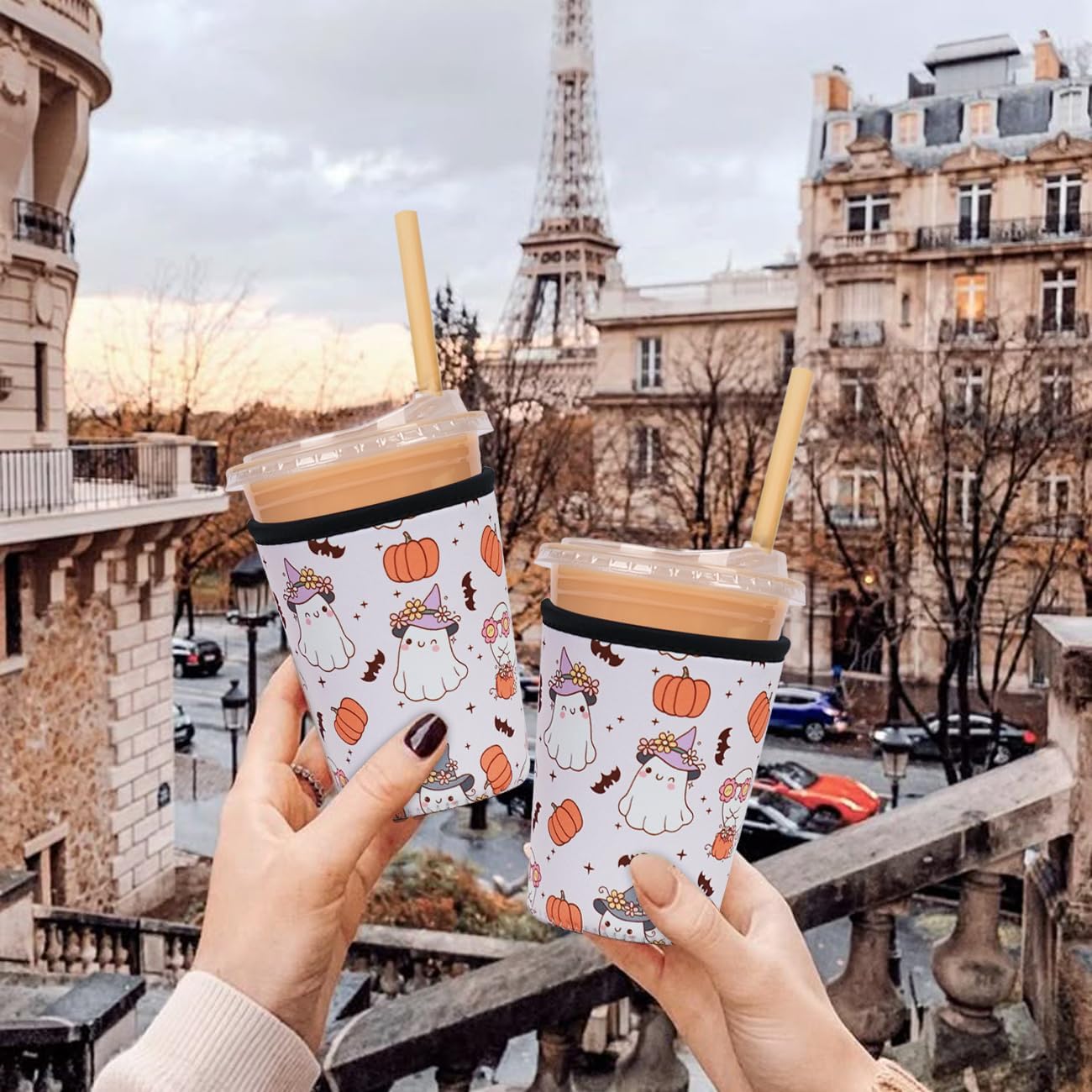 Reusable Insulated Neoprene Iced Coffee Cup Sleeve, Halloween Ghost for Boo Basket Stuffers, Durable Drink Sleeve for Cold Beverages, Beverage Holder for Iced Coffee, Halloween Spooky