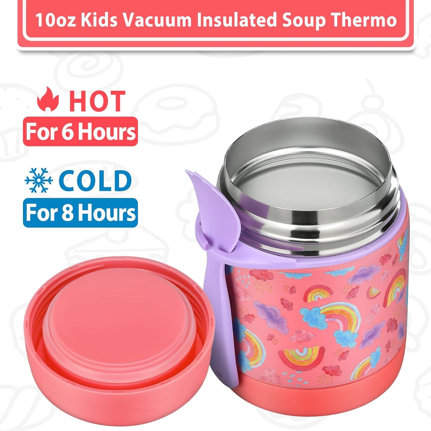 10oz Soup Thermo for Hot Food Kids,Lunch Thermo Kids Food Jar with Spoon Hot Insulated Food Containers,Leak Proof Stainless Steel Wide Mouth Lunch Food Thermo Jar for School(Pink-Rainbow)