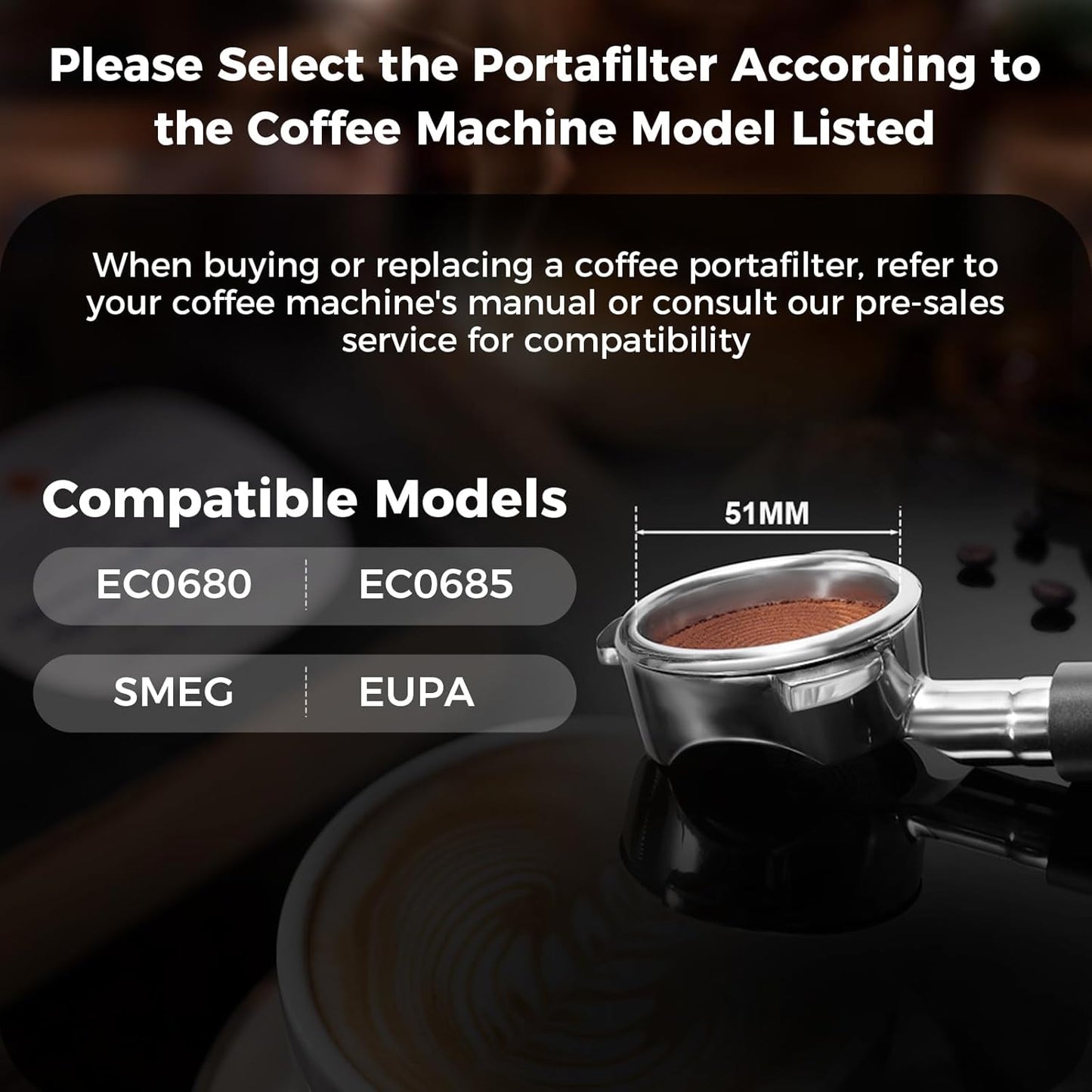 IKAPE Espresso 51mm Portafilter, 3 Ears Coffee Portafilter with Silicone Handle, Compatible with 51mm Delonghi EC0680, EC0685, SMEG & EUPA Coffee Machines