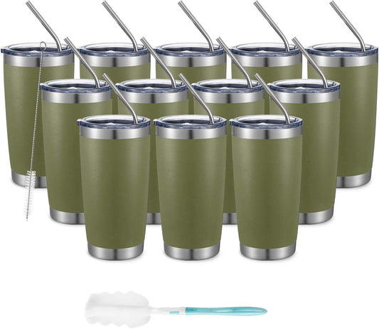 COMOOO 20oz Double Wall Vacuum Insulated Travel Mug, Stainless Steel Tumbler with Lid and Straw Durable Powder Coated Insulated Coffee Cup for Cold & Hot Drinks (Army Green, 12 pack