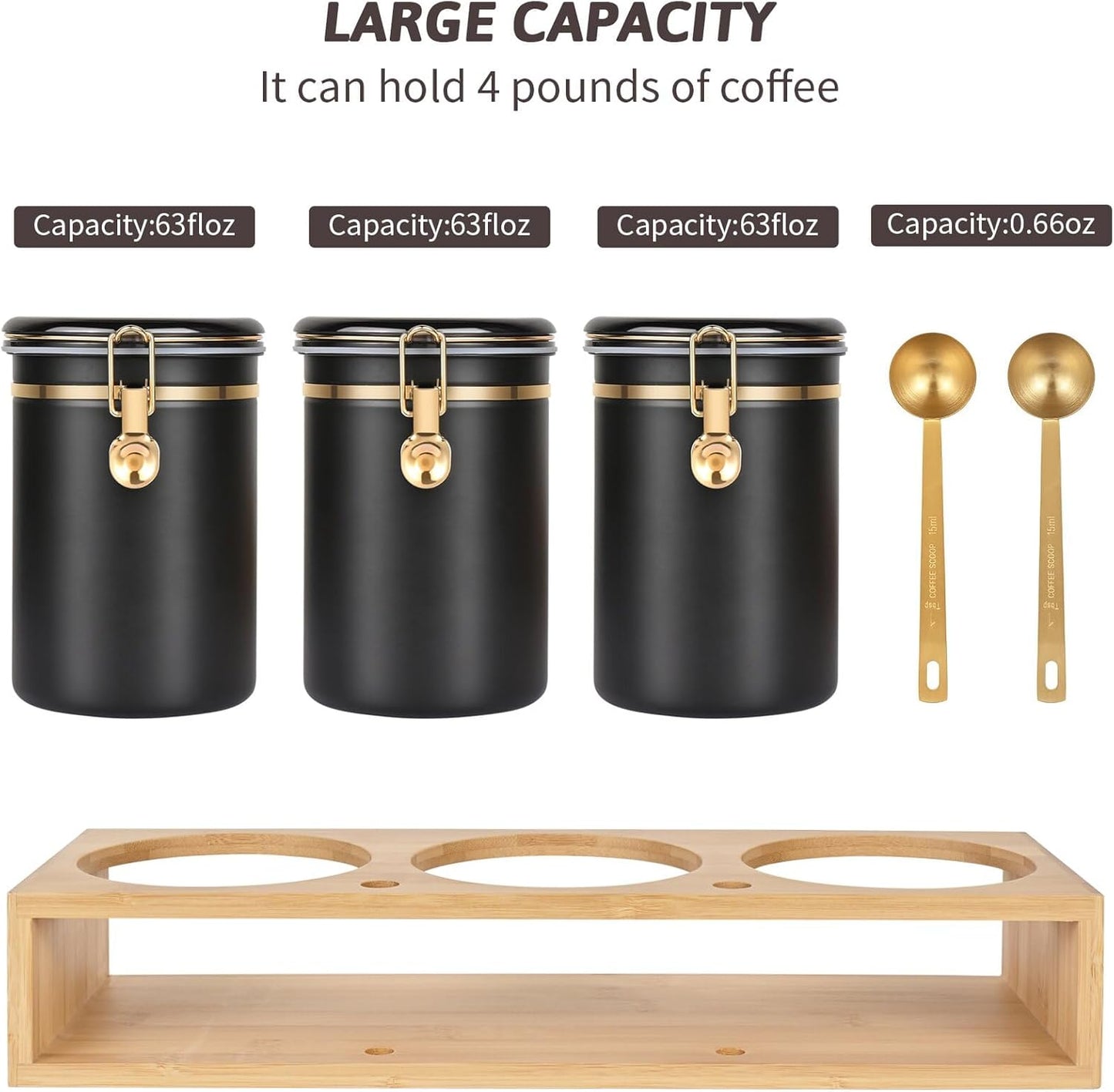 Yangbaga 304 Stainless Steel Coffee Canisters for Ground Coffee,3 x 63 OZ Coffee Container with Shelf Coffee Bean Storage, Food Storage Jar with Gold Airtight Locking Clamp and Spoon for Kitchen