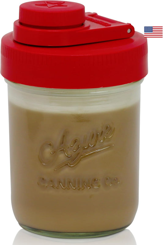 Brewing America Creamer Jar with Pouring Lid and 1 Pint (16 oz) Azure Mason Jar, Red Wide Mouth Pour Lid for Milk, Sugar, and Cream, 1-Pack