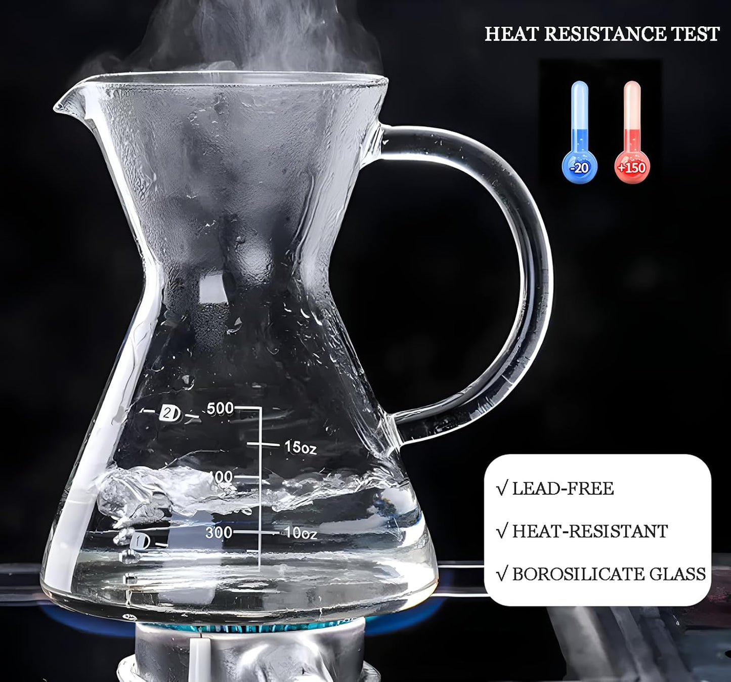 Pour Over Coffee Maker with Reusable Stainless Steel Drip Filter, Glass Drip Coffee Maker Set, Lead-Free Borosilicate Glass Coffee Carafe for 1-4Cup, Clear (500ml/17oz)