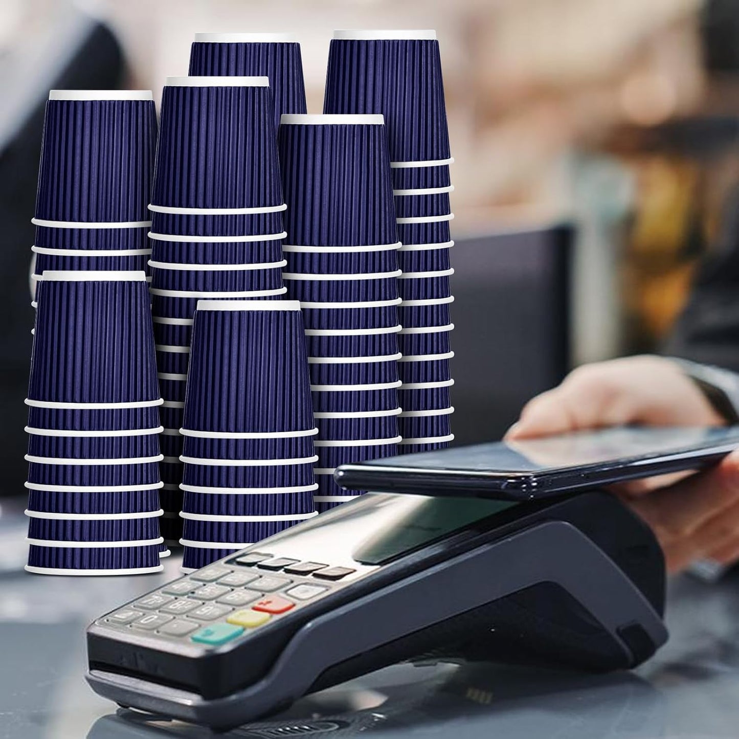 100 4oz Disposable Espresso Cups with Lids Ripple Corrugated Paper Disposable Coffee Cups Cups for Hot Chocolate, Tea, and Cocoa Drinks (Blue)