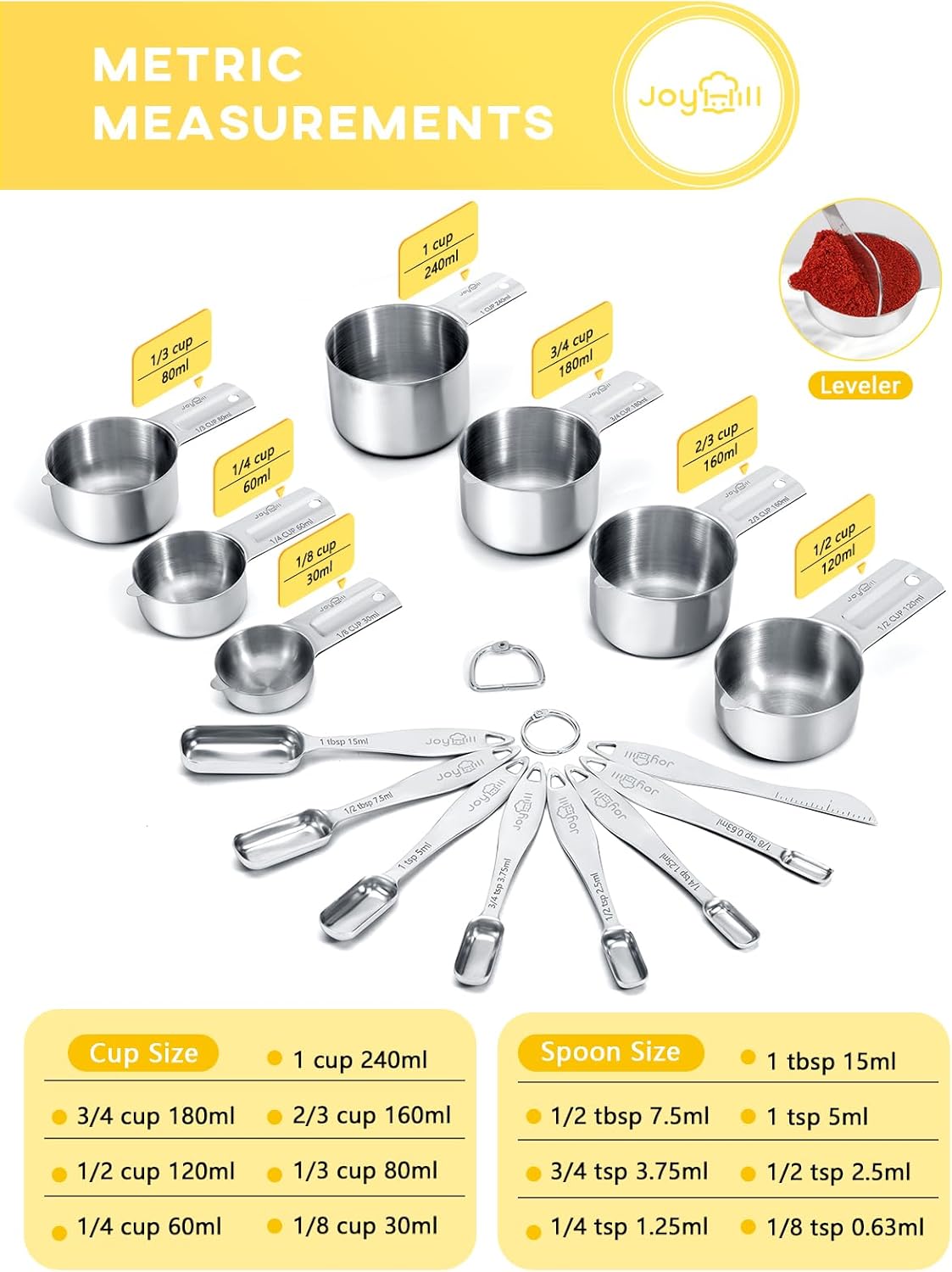 Joyhill Measuring Cups and Spoons Set of 15 Piece, Metal Stainless Steel Measuring Cups and Spoons Set for Baking Cooking, Dry and Liquid Ingredients