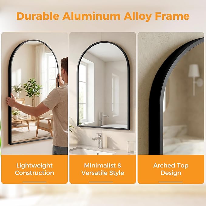 OLIXIS 24x36 Inch Arched Black Bathroom Mirror - Image 3