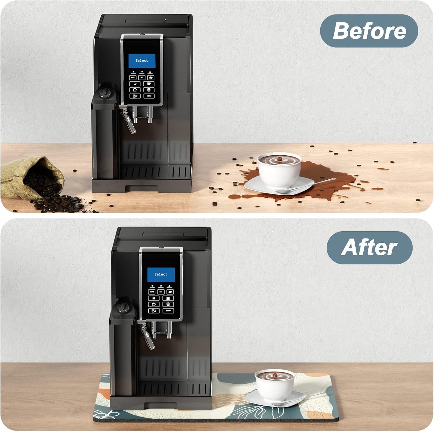 Rnivvi Coffee Mat, 12" x 19" Cute Boho Theme Coffee Bar Mats for Espresso Machine Station Accessories and Organizer, Hide Stain Rubber Backed Absorbent Dish Drying Pad for Kitchen Counter, Leaves