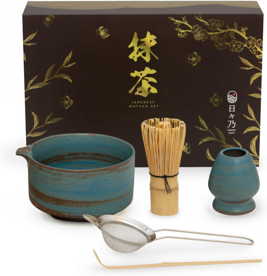 Japanese Matcha Set | Matcha Bowl with Spout | Whisk & Holder | Bamboo Scoop & Stainless Sifter | 5-Piece Traditional Matcha Kit | Designed in Japan |「Rustic Teal」