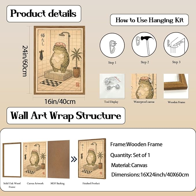Funny Japanese Frog Bathroom Wall Art Whimsical Frog Shower Wall Decor 16x24 - Image 3