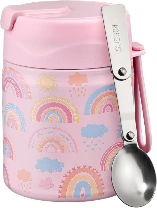 17oz Soup Thermo for Hot Food Kids Insulated Vacuum Food Jar with Stainless Steel Spoon Wide Mouth Thermo Leakproof Lunch Food Container Kids Hot Lunch Box (Pink-Rainbow)