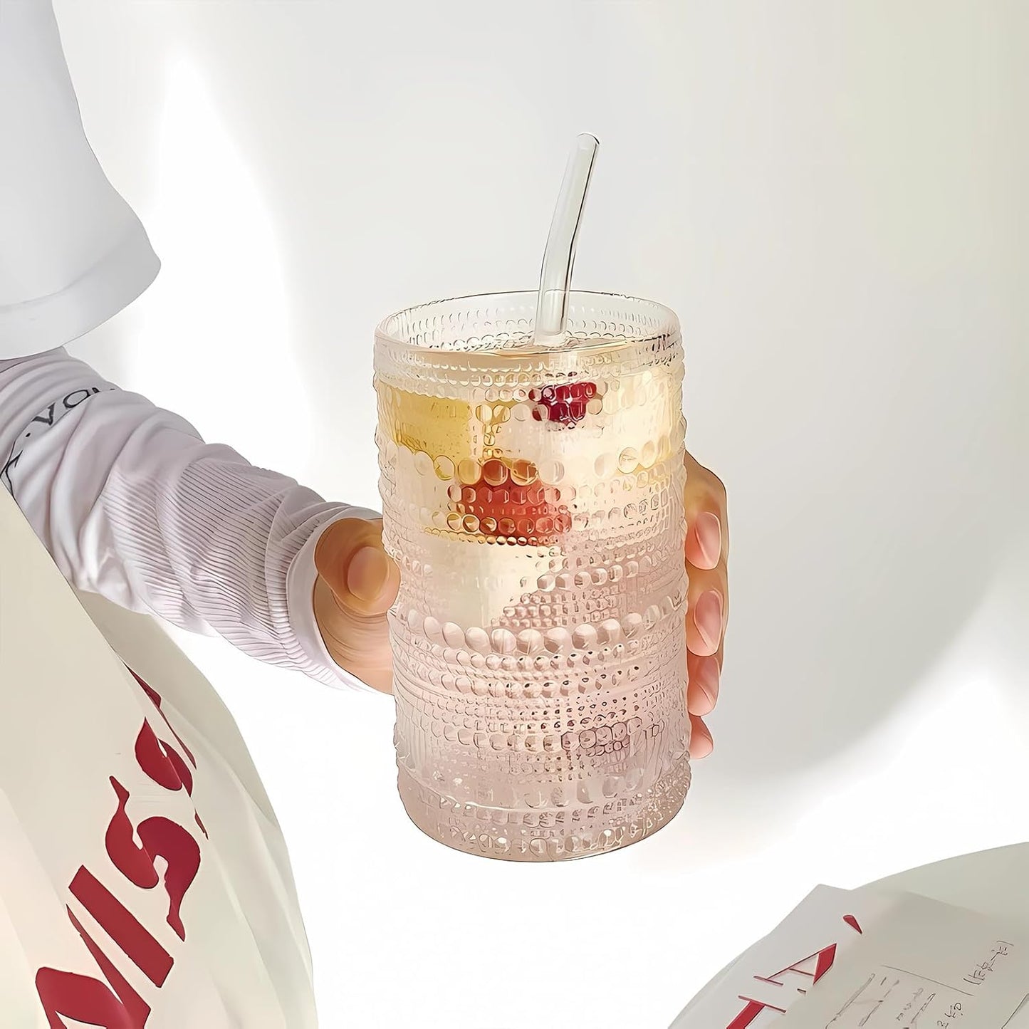 2 Pcs Iced Coffee Glasses Cups with Bamboo Lids and Straws,12 oz Thick Emboss Beaded Drinking Glass Cup Set,Latte Glasses,Ideal for Water,Soda,Gift - with Cleaning Brushe