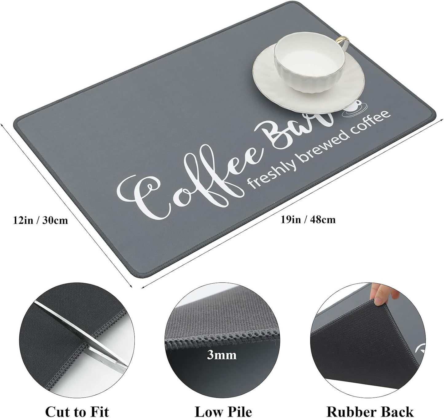 SHACOS Coffee Bar Mats 2 pcs 12x19 Inch Absorbent Non Slip Rubber, Waterproof Heat Resistant, Gray