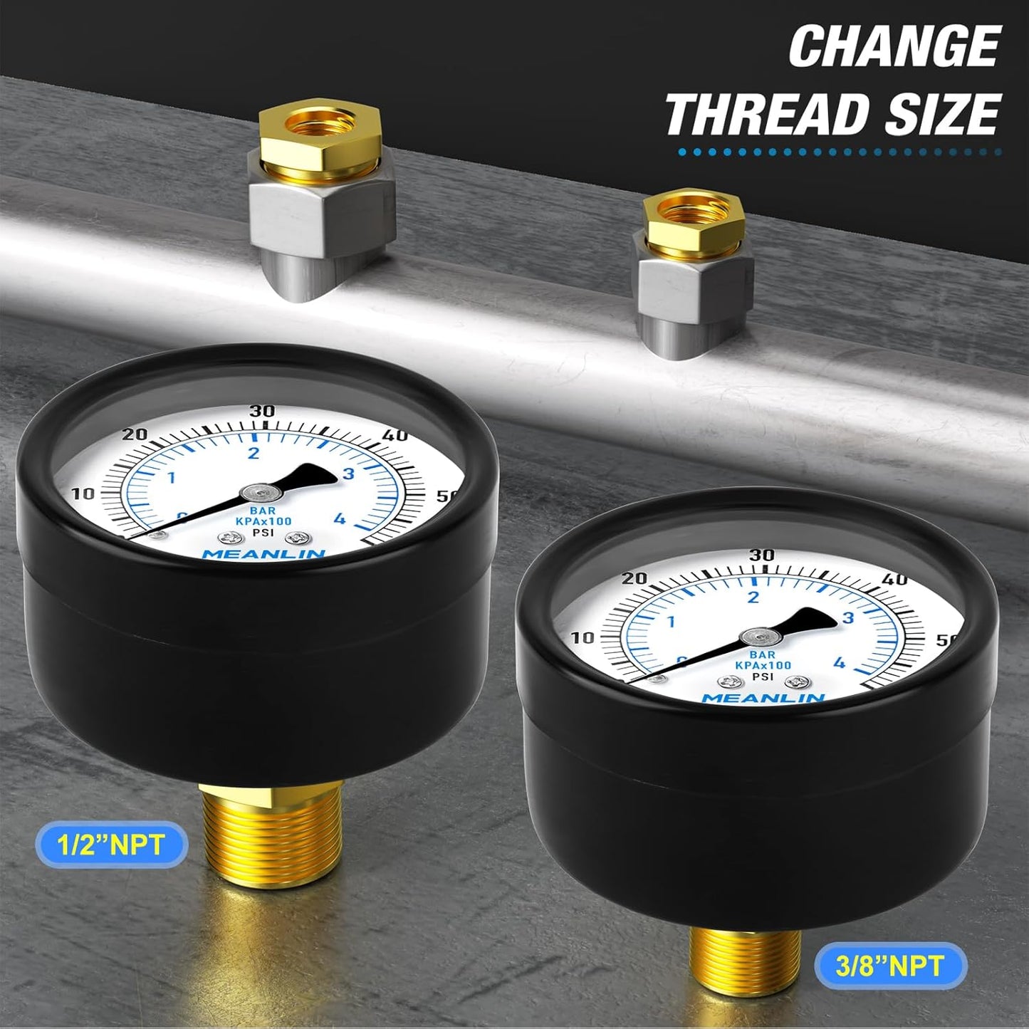 MEANLIN MEASURE 0-60Psi 2" DIAL FACE 1/4" NPT Well Pump Pressure Gauge, with 1/2" NPT and 3/8" NPT Hex Bushing, Pool Sand Filter WOG Water Oil Air Pressure Test, Center Back Mount