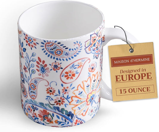 Maison d' Hermine Coffee Mug with Handles Fine Bone China Mugs Pack of One Tea Cups for Hot Beverages Cappuccino Latte Home Restaurant Office Perfect for Gift (Indian Floral - Paisley, 15 Ounce)
