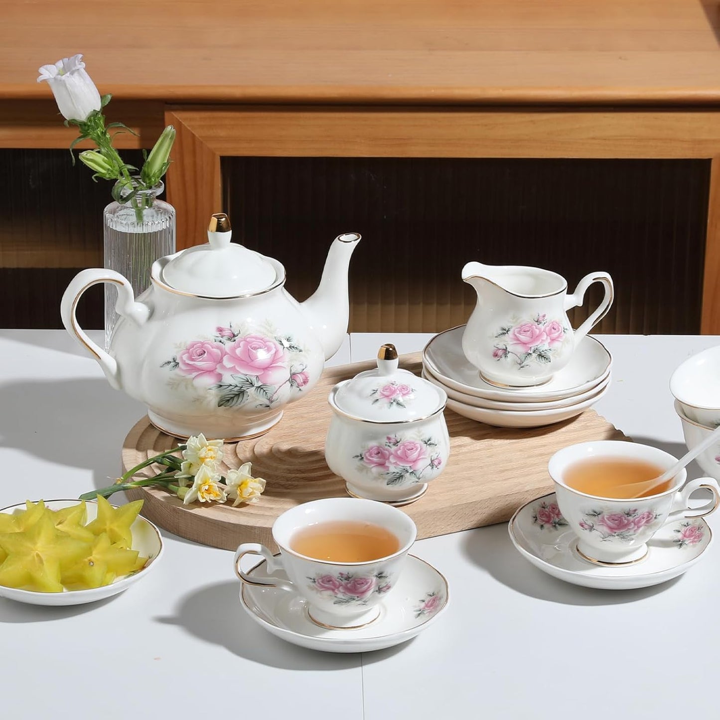 Sweejar Ceramic Teapot with Infuser, Floral Relief Gold Rimmed Teapot, 29 OZ Porcelain Tea Pot for Blooming and Loose Tea, Coffee...(Pink Flower)