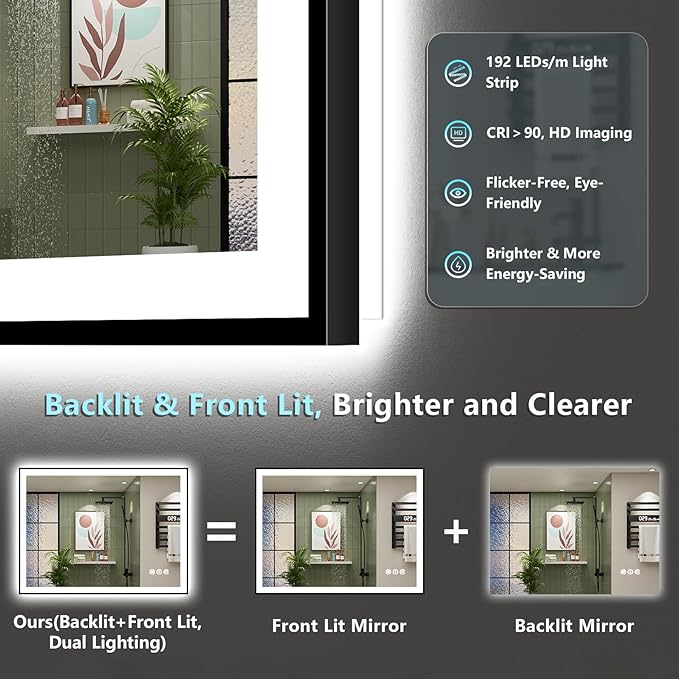 44x36 Black Framed LED Bathroom Mirror - Image 4