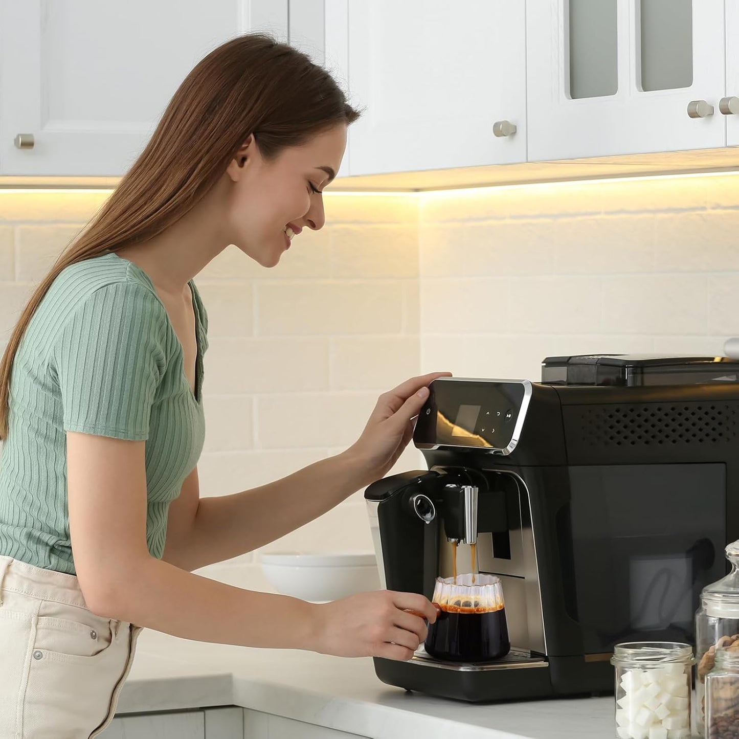 Espresso Cups 6 OZ, V-Shaped Spouts Cups, Espresso Shot Glasses with Wood Handle, Ribbed Milk Measuring Cup