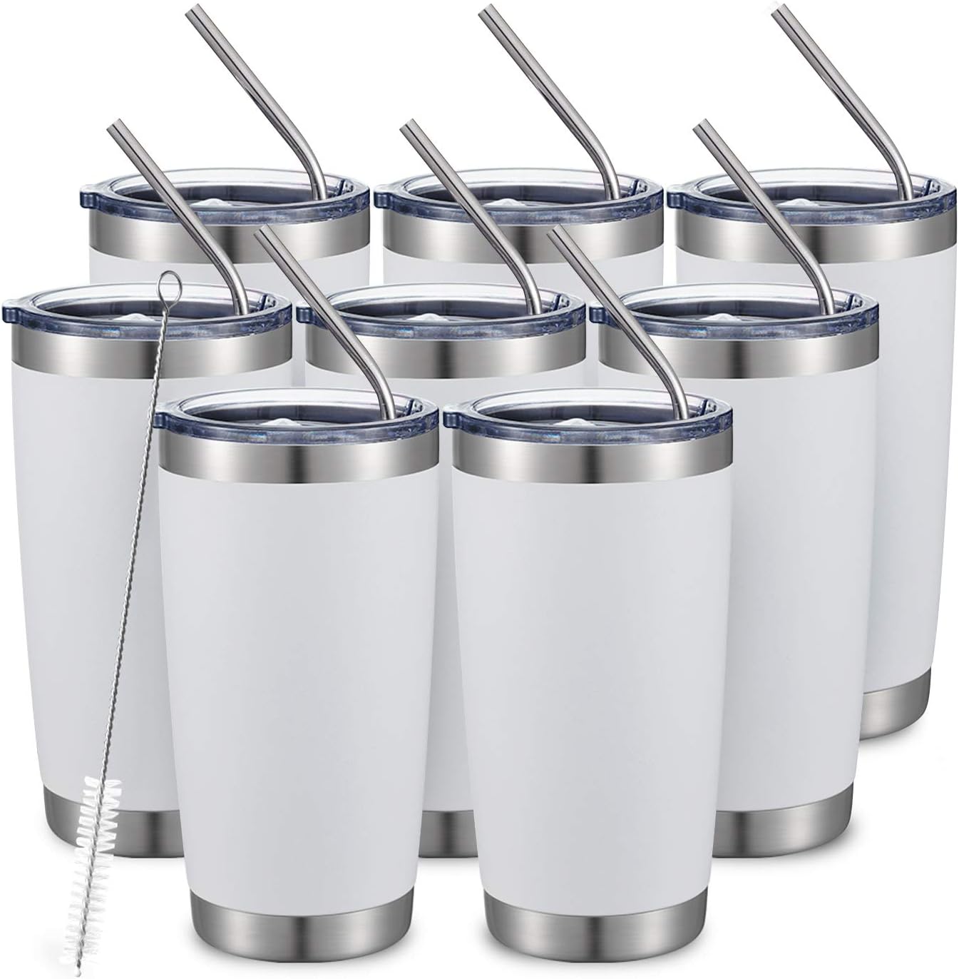 COMOOO 20oz/8Pack White Tumbler Double Wall Vacuum Insulated Coffee Travel Mug Stainless Steel Tumbler Bulk with Lid and Straw Powder Coated Insulated Coffee Cup for Cold & Hot Drinks (White, 8 Pack)