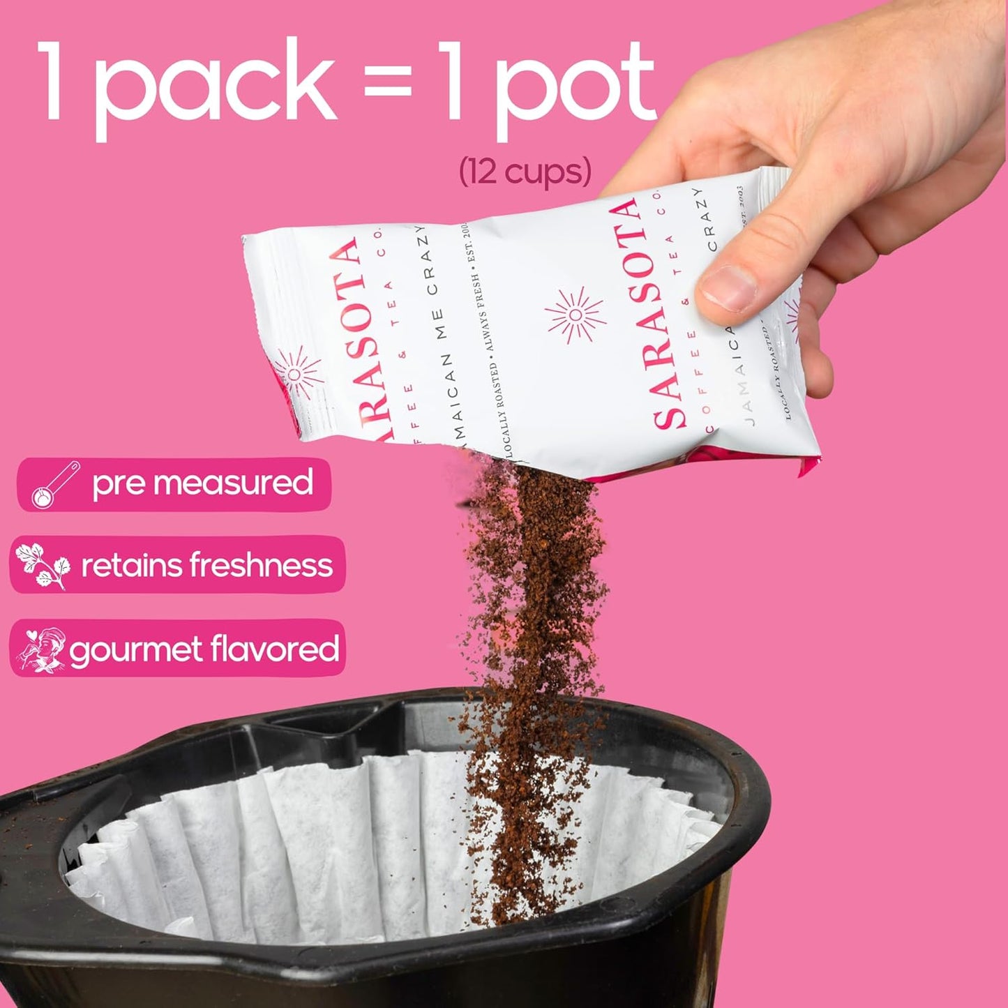 Sarasota Coffee Ground Packets | Gourmet Flavored Medium Roast Bulk Coffee Packs | Jamaican Me Crazy | Low Acid Mold Free Singles Individual Pouches for 12 Cup Coffee Maker | 2 Ounce Bags, 36 Count