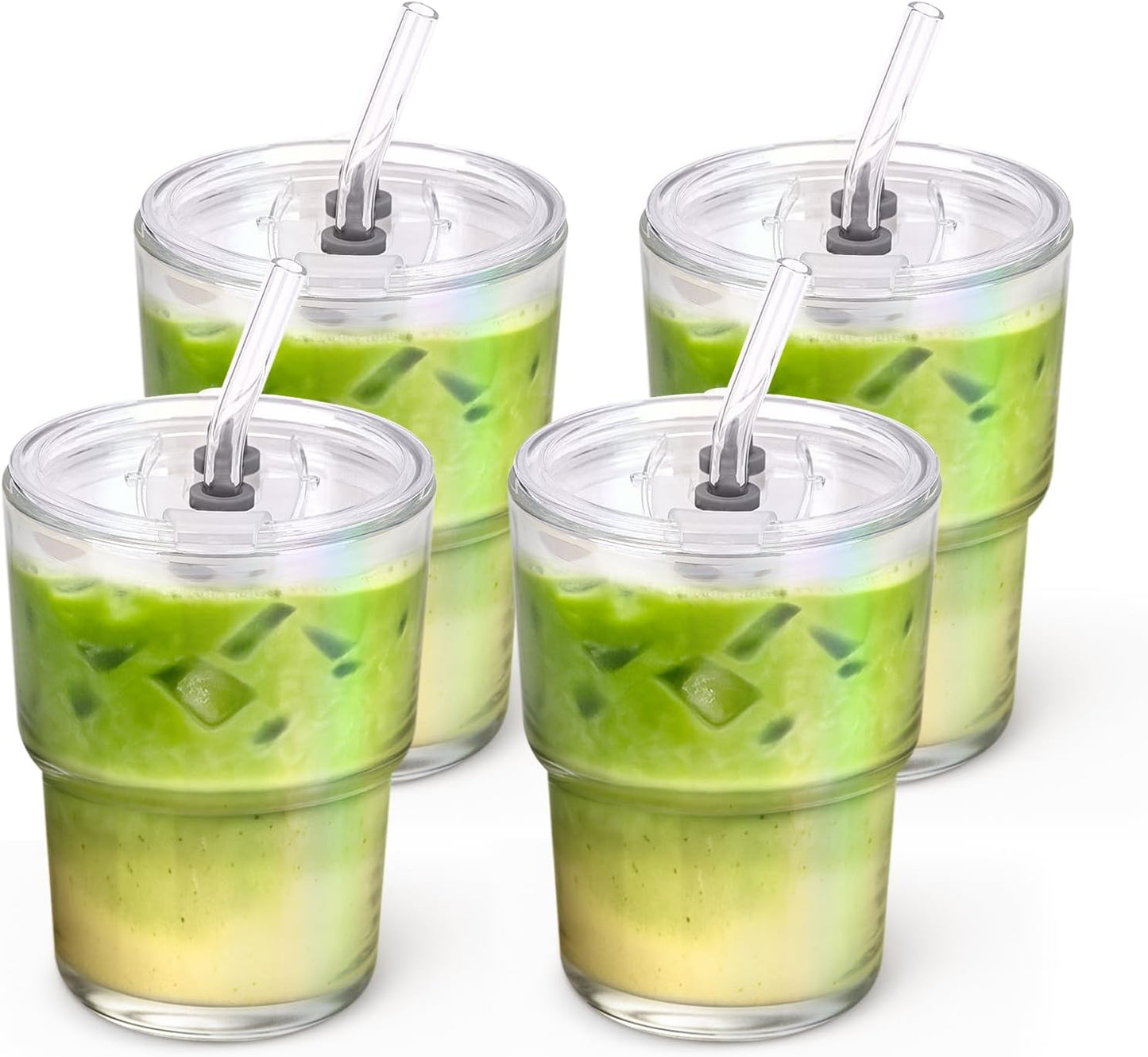 13 oz Glass Tumbler with Glass Straw and Lid, Leak-Proof Reusable Travel Cup for Iced Coffee, Tea, Matcha, Fruit Juice – Thick Wall Clear Water Bottle (Iridescent Shimmer, 4 Pack)