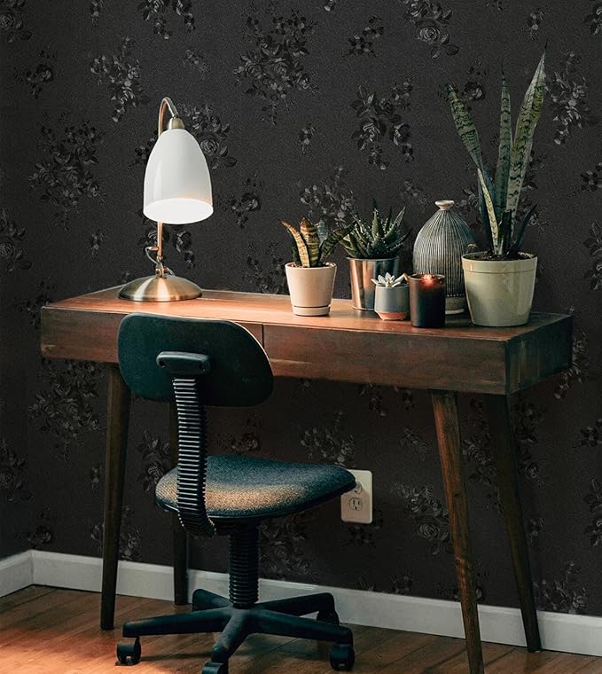 Black Peel and Stick Wallpaper Silk Embossed Floral Contact Paper - Image 6