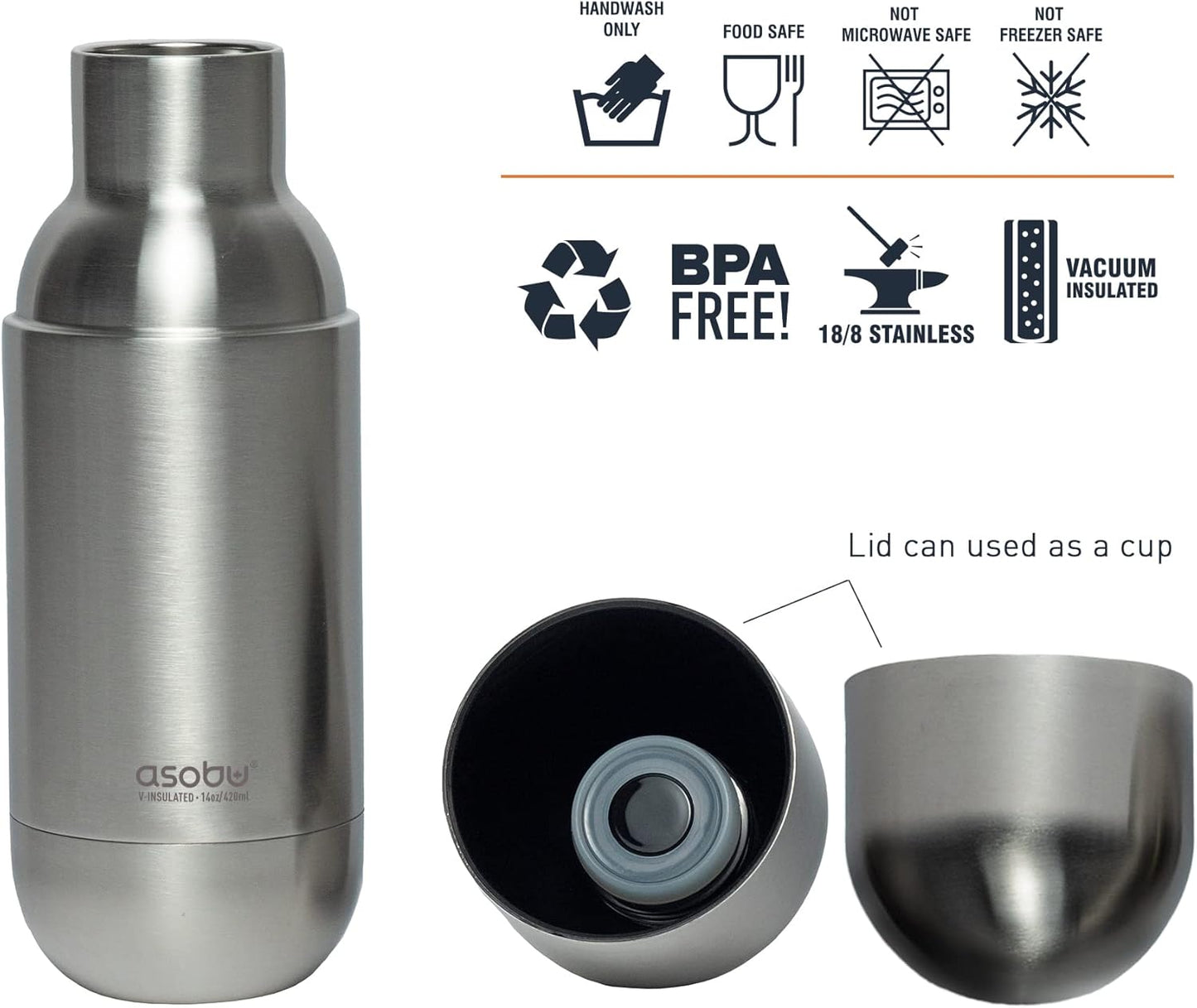 asobu Capsule Bottle Stainless Steel Double Wall Insulated Travel Water Bottle – Lid Doubles as a Cup 14 Ounce (Silver)