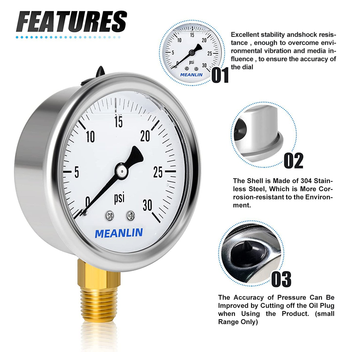 MEANLIN MEASURE 0~30Psi Stainless Steel 1/4" NPT 2.5" Single Scale FACE DIAL,Glycerin Filled Pressure Gauge, WOG Water Oil Air Lower Mount, with 1/4" x 1/2" NPT and 1/4" x 3/8" NPT Hex Bushing