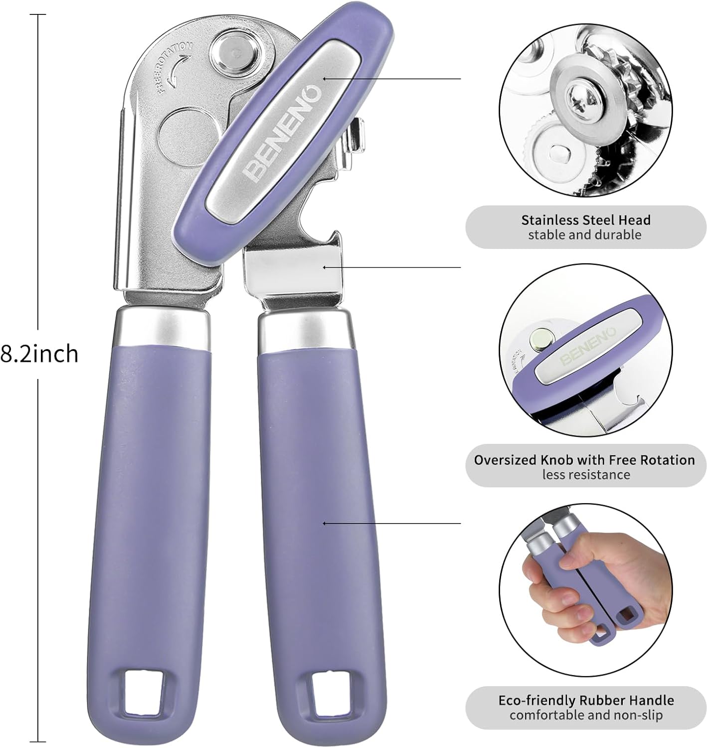 Beneno Can Opener Manual with Magnet, Hand Held Heavy Duty Can Opener with Durable Sharp Blade Smooth Edge, Big Effort-Saving Knob, Soft Grip Rubber Handle, Multifunctional Bottle Opener, Purple