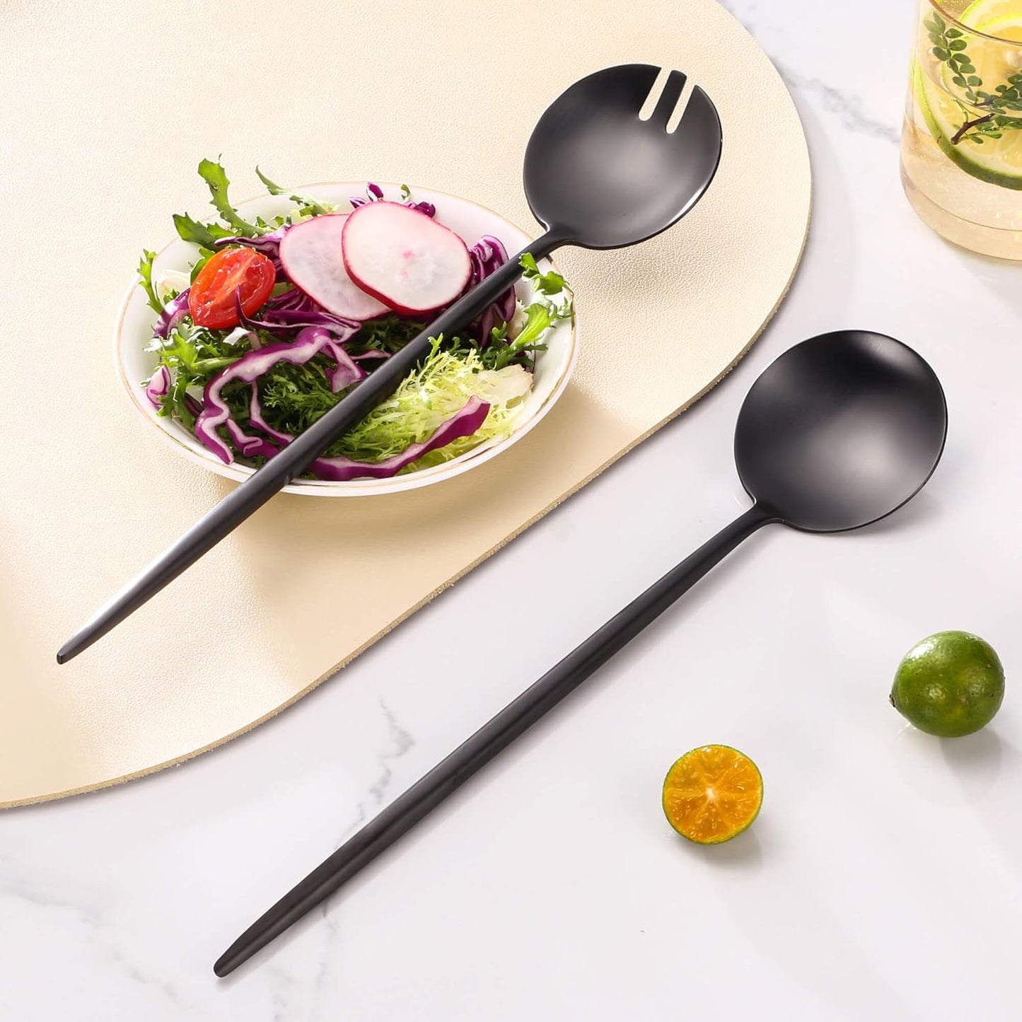 Lemeya Black Salad Serving Utensils,Serving Spoons Stainless Steel,2Pcs Long Handle Salad Servers 11.42 Inch,Salad Utensils for Serving,Matte Finish,Dishwasher Safe