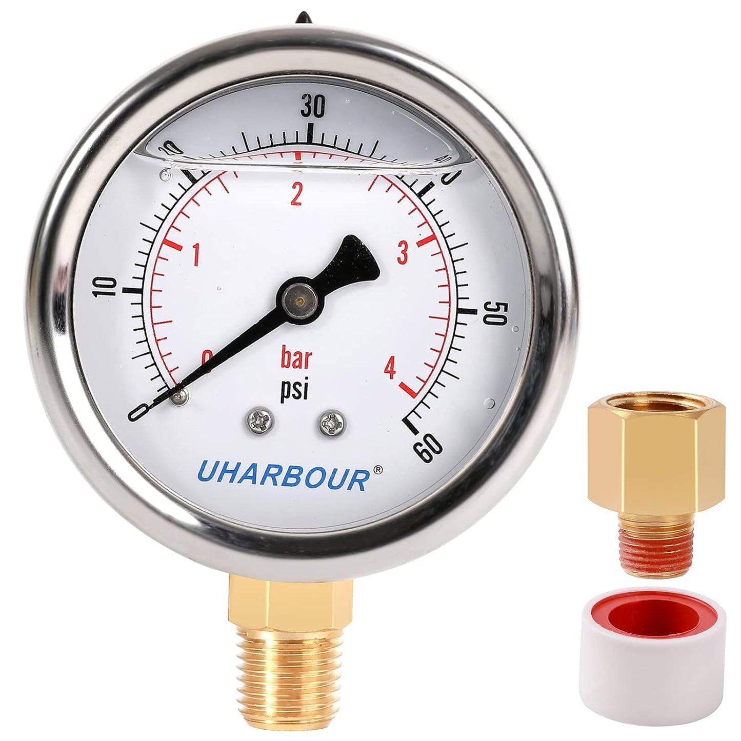 Glycerin Filled Low Pressure Gauge 60psi/4bar, Stainless Steel case, Brass Inside Construction, 2-1/2" dial, 1/4" NPT Rear Connection