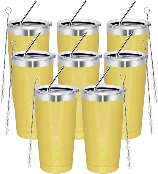 MEWAY 20oz Tumbler 8 Pack Double Wall Vacuum Insulated Travel Glitter Mug Bulk, Stainless Steel Tumblers with Lid and Straw,Powder Coated Coffee Cups for Woman(Rainbow Yellow,Set of 8)