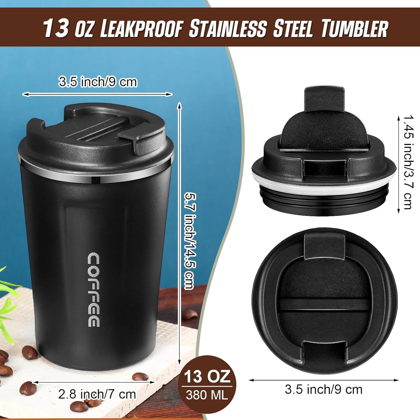 Sieral 4 Pcs 13 oz Travel Coffee Mug Insulated Reusable Coffee Cups with Leakproof Lid Stainless Steel Portable Tumbler for Keep Hot or Ice Milk Tea(Black)