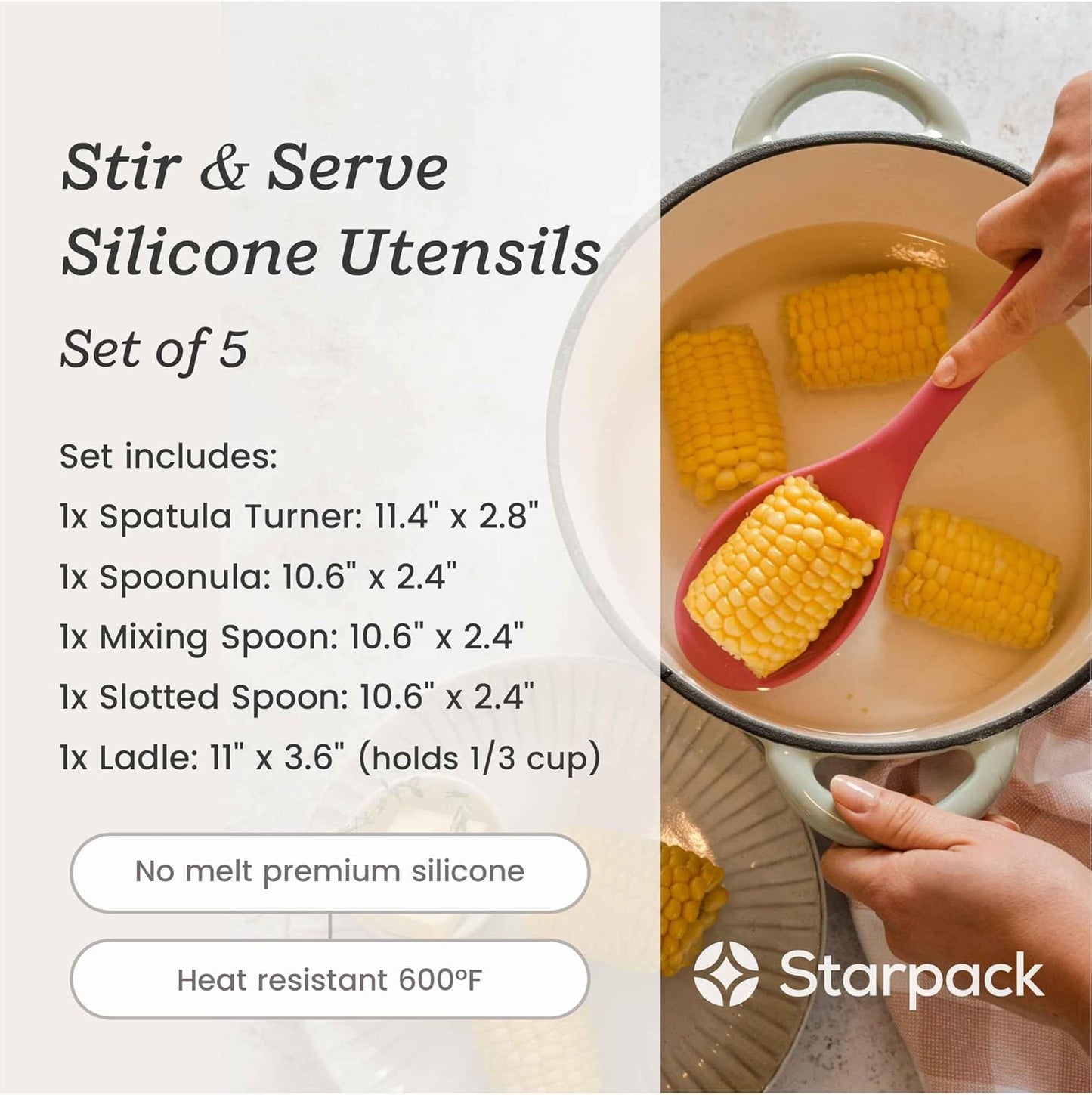 Starpack 'Stir & Serve' Silicone Cooking Utensils Set (5 Pcs) - Kitchen Utensils Set Heat Resistant to 600°F - Kitchen Utensils for Nonstick Cookware - Silicone Utensil Set for Mixing & Cooking