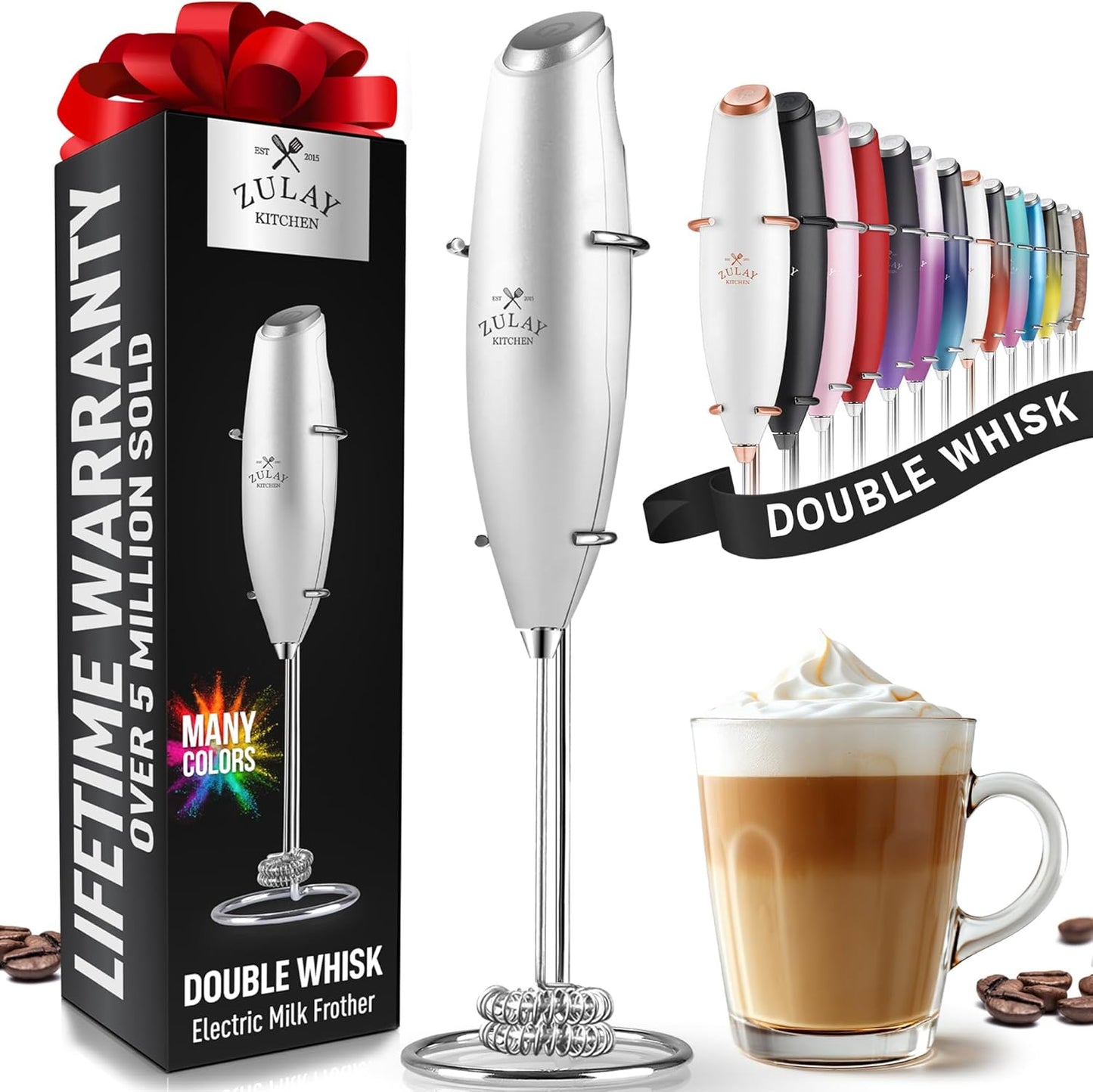 Zulay Kitchen Whisk Milk Frother with 4 Duracell Batteries - Powerful Handheld Foam Maker for Coffee, Lattes, Matcha, Hot Chocolate & Cappuccinos - Whip Creamy Froth in Seconds