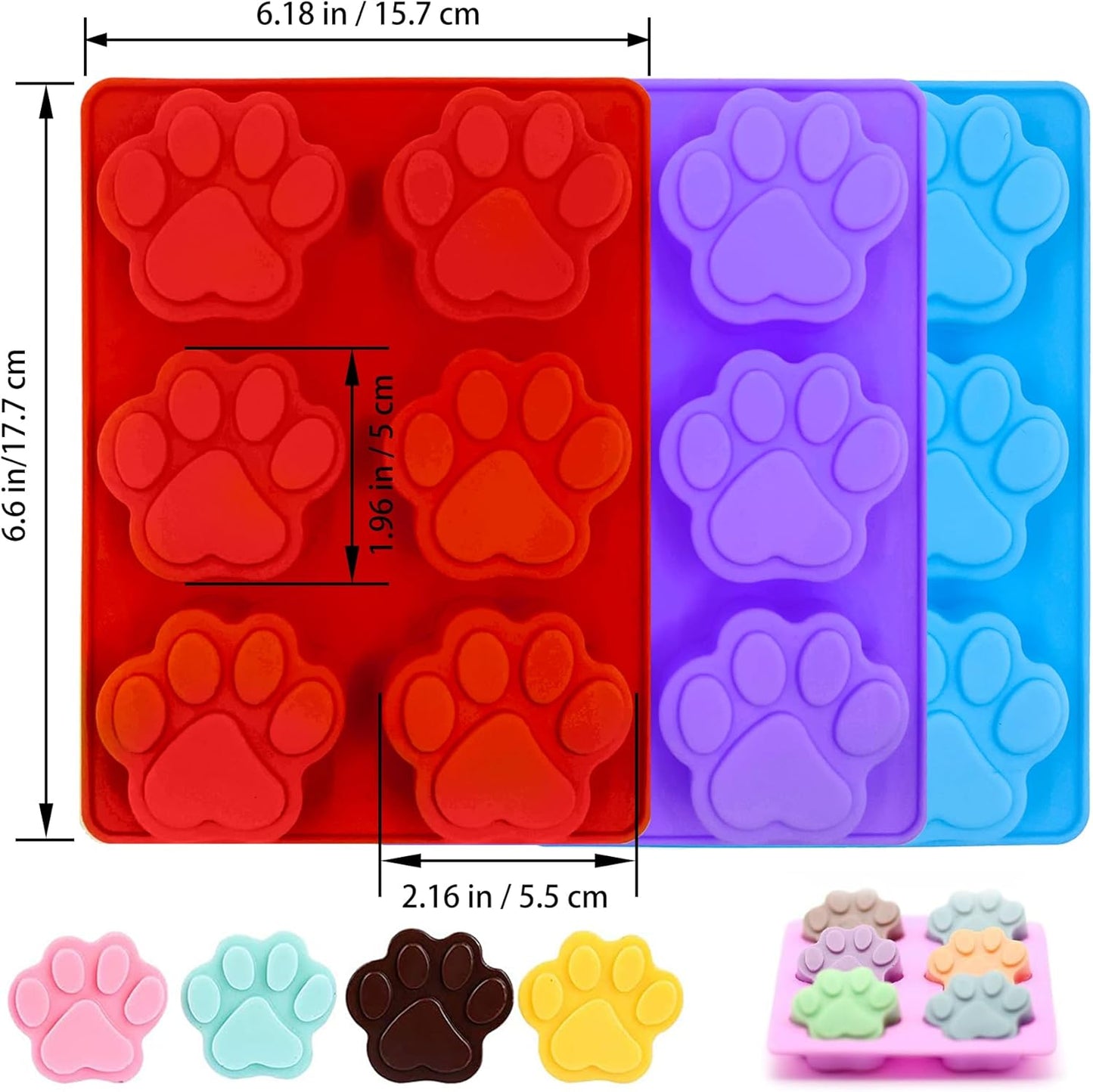 Puppy Dog Paw Silicone Molds,Non-Stick Food Grade Silicone Molds for Chocolate, Candy, Jelly, Ice Cube, Dog Treats Baking Mould(Set of 4PCS) (Blue Pink Purplish Red)