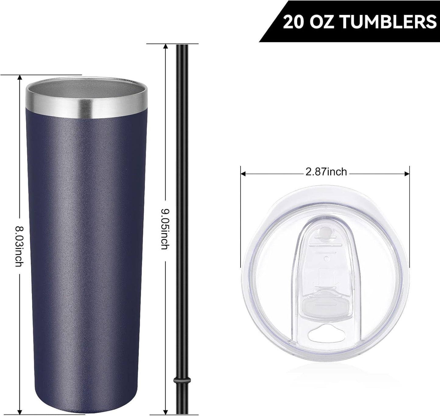 VEGOND Stainless Steel Tumblers Bulk 8 Pack, 20 oz Vacuum Insulated Skinny Tumblers with Lid and Straw, Double Wall Coffee Mug, Travel Water Cup, Navy Blue