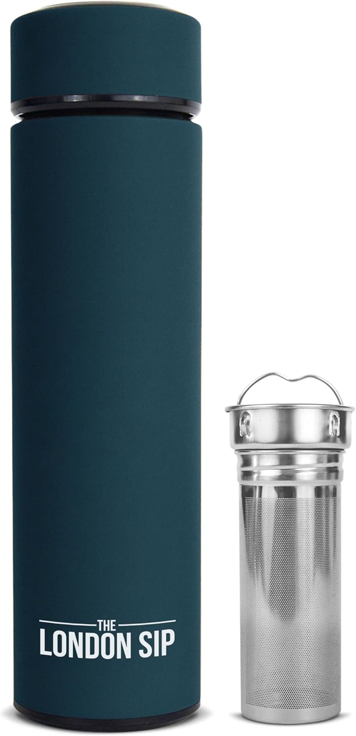 London Sip Multi-Purpose Tea Infuser Travel Mug and Tumbler Fruit Infuser Flask Hot and Cold Double Wall Stainless Steel Thermos with Extra-Long Infuser, Midnight Teal