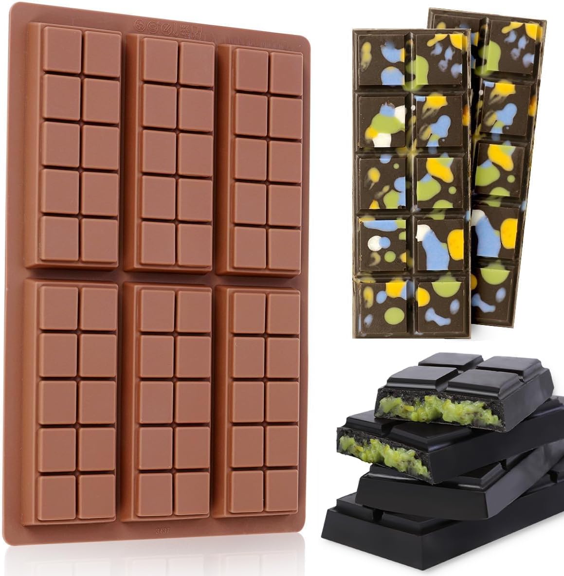Chocolate Bar Mold, Dubai Chocolate Bar Mold Deep Silicone Break-Apart Chocolate Mold Nonstick Thick Candy Mould for Dubai Pistachio 1 Pack（10 Snap）