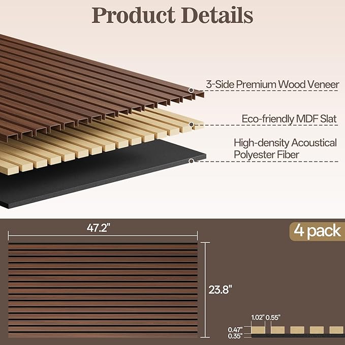 4 Pack Wood Panels for Wall, 47.24" x 23.81" Acoustic Wood Slat Wall Panel for - Image 2