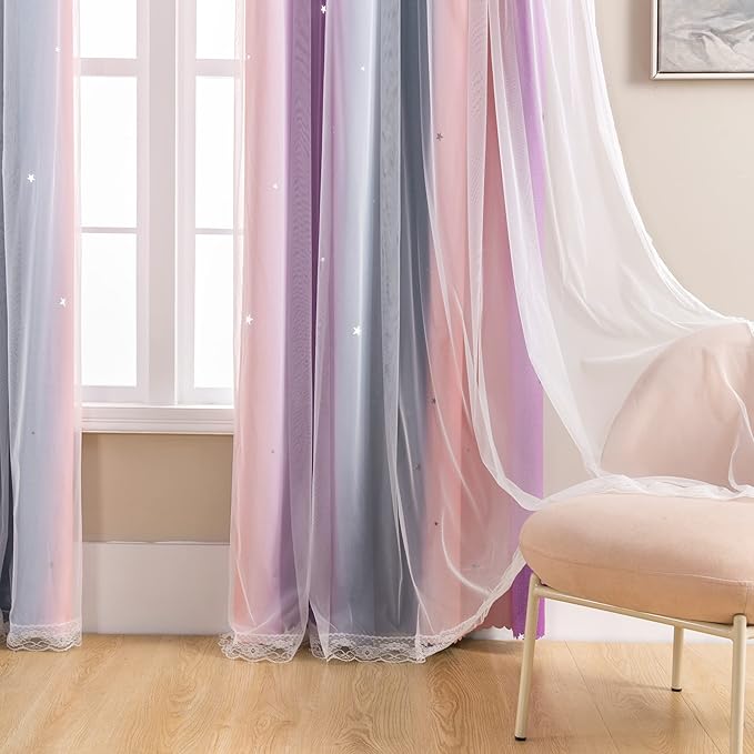 XiDi Curtains for Bedroom Decor, Rainbow GreyPinkPu-52-90 - Image 4