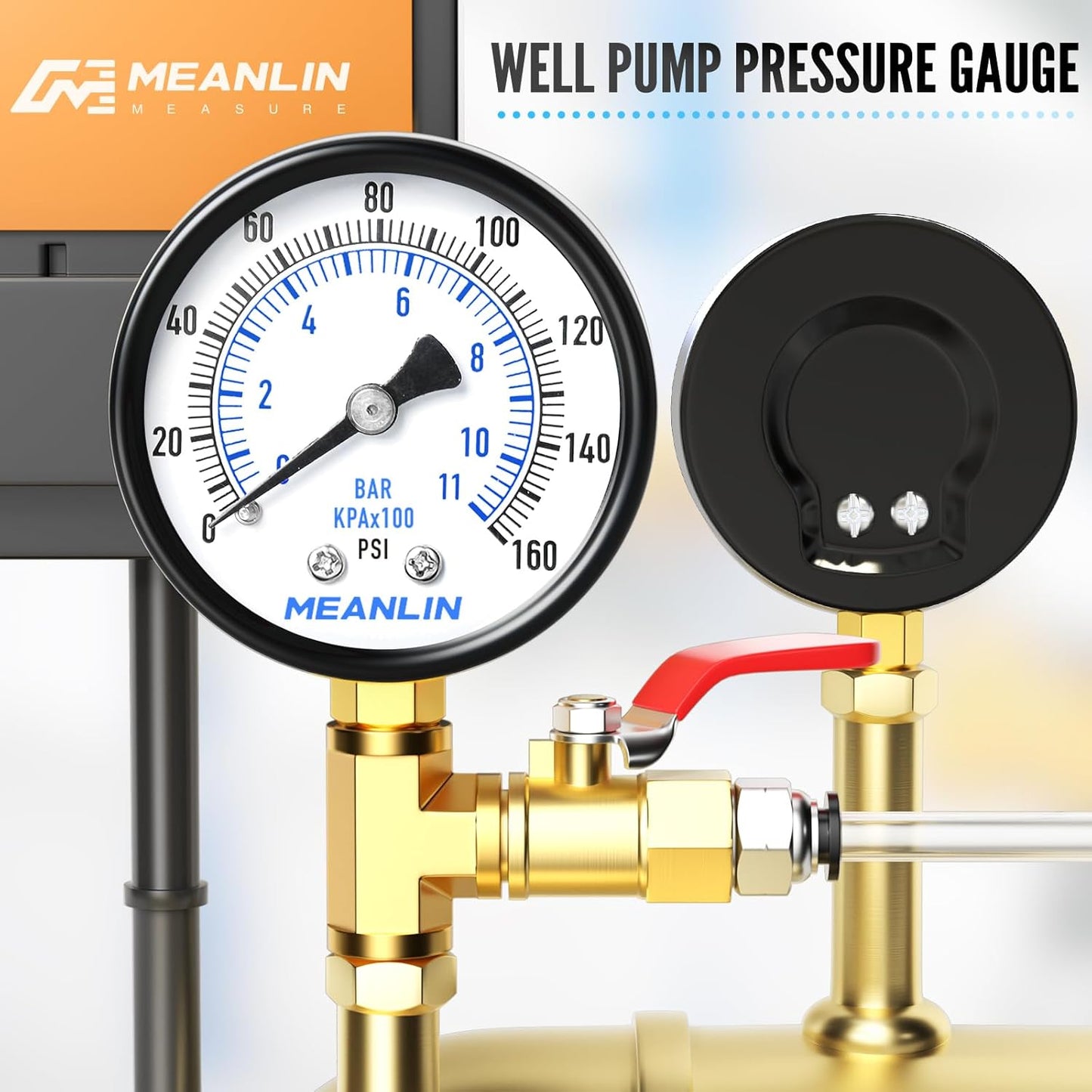 MEANLIN MEASURE 0-160Psi 2" DIAL FACE 1/4" NPT Well Pump Pressure Gauge, with 1/2" NPT and 3/8" NPT Hex Bushing, 3-2-3% Accuracy, Lower Mount